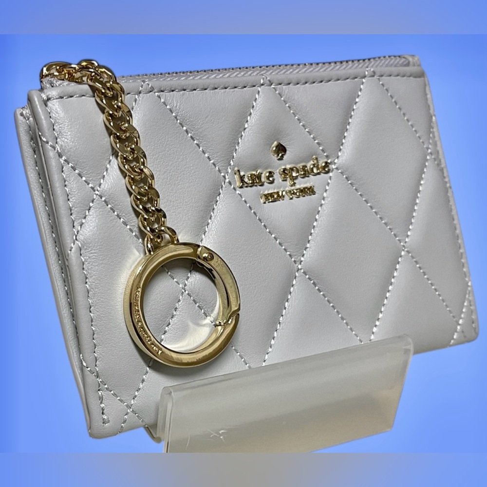 Kate Spade NWT RP$139 Quilted Leather Carey Card Holder/Keychain/Zip-top Lt gray
